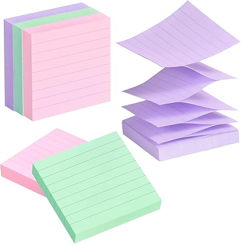 Notas adhesivas forradas emergentes de 3 x 3 pulgadas, paquete de 6 notas autoadhesivas con líneas, color verde claro, rosa y morado, 100 hojas/bloc