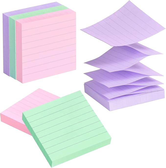 Lined Pop Up Sticky Note 3x3 inch, 6 Pack Accodian Stlye