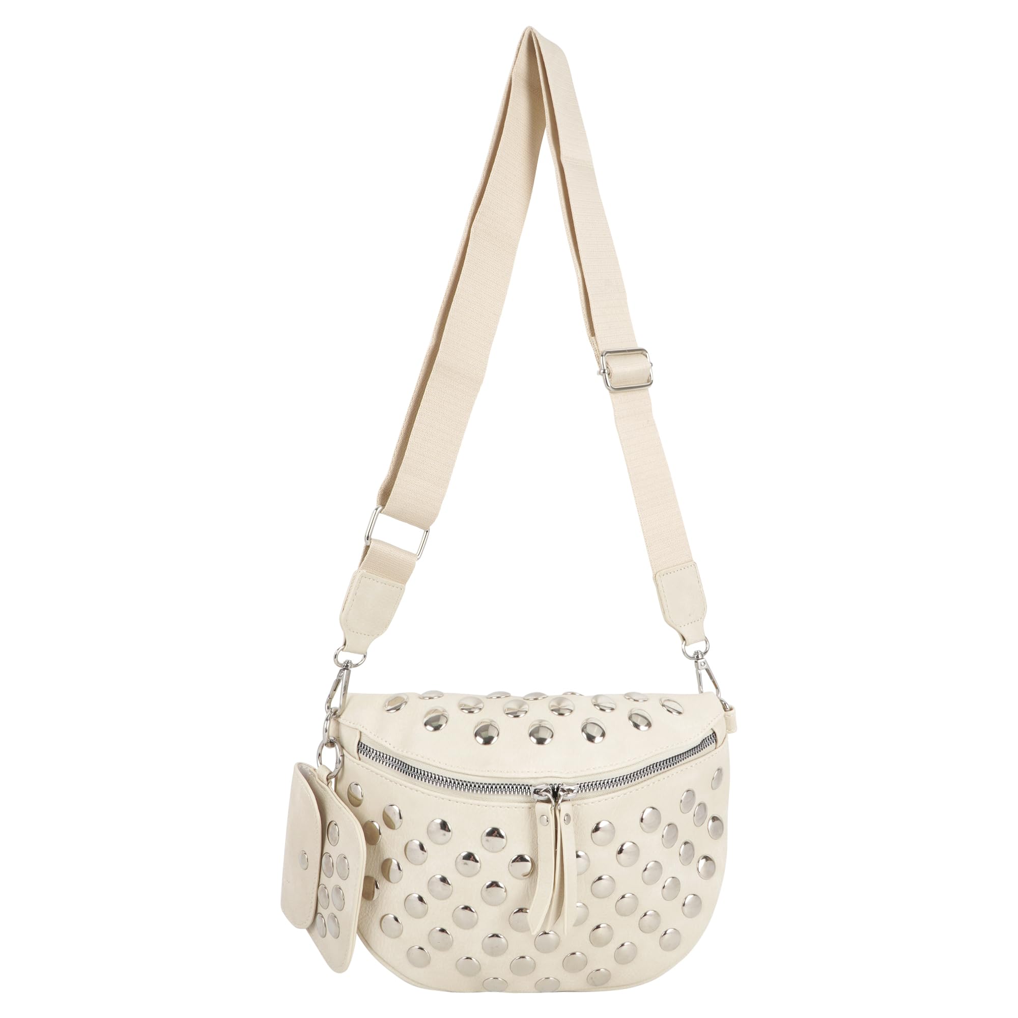 LABANCA Riñonera de piel sintética para mujer, con remaches y tachuelas y cremallera, bolsa de hombro para festival, 08676Blanco, 13.4 * 5.1 * 3.5 in, Casual