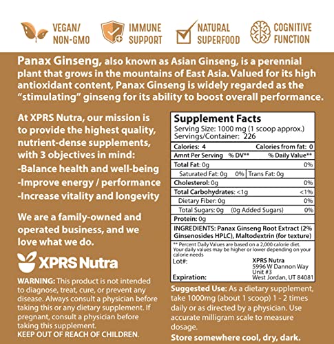 Xprs Nutra Ginseng Root Extract Powder - Ginseng Powder Supports Cognitive Function, Physical Performance, And Immune System - Vegan Friendly Panax Ginseng In Powder Form (8 Ounce) #TOP6