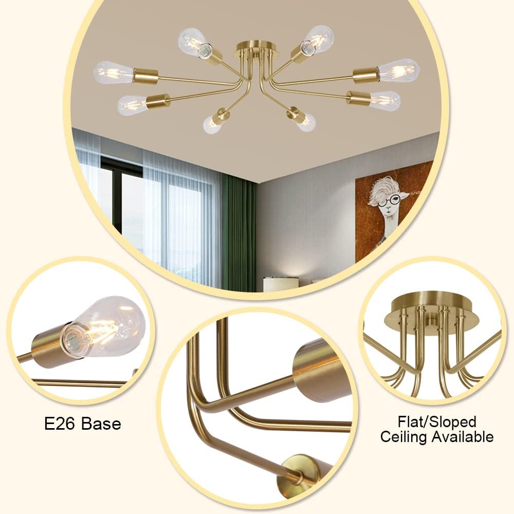 8 Lights Sputnik Chandelier Brushed Brass Semi Flush Mount Ceiling Lights Industrial Kitchen Lighting Fixtures Ceiling Lighting