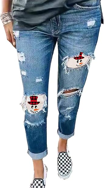Akivide Womens Baseball Patch Stitching Printed Ripped Casual Jeans Skinny Denim Jeans with Hole Pants for Women