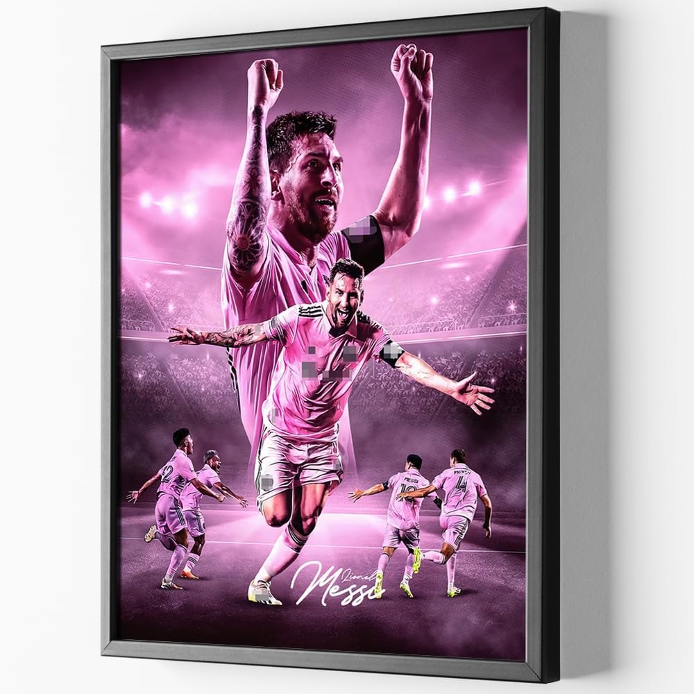 Black Framed Lionel Messi Signed Poster For Kids Hanging To Room Bedroom Wall Decor-Soccer Superstar Posters Canvas Art Print Picture For Teen Boy Fans Birthday Gifts