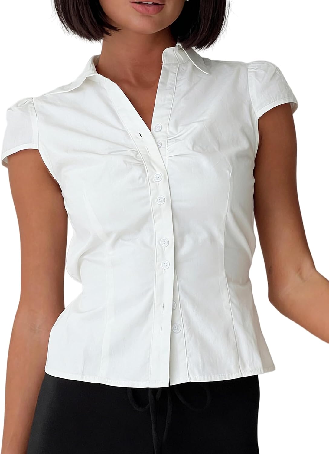 Seyumixi Y2k Button Up Shirt Women Short Sleeve V Neck Cropped Blouse Slim Fitted Collared Top Cute Preppy Coquette Tops