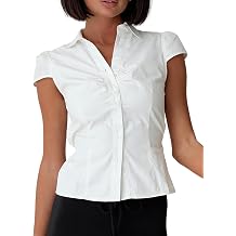 Betrodi Womens Y2k Button Up Shirt Short Sleeve V Neck Cropped Blouse Tie Back Slim Fit Collared Top Cute Preppy Coquette Tops