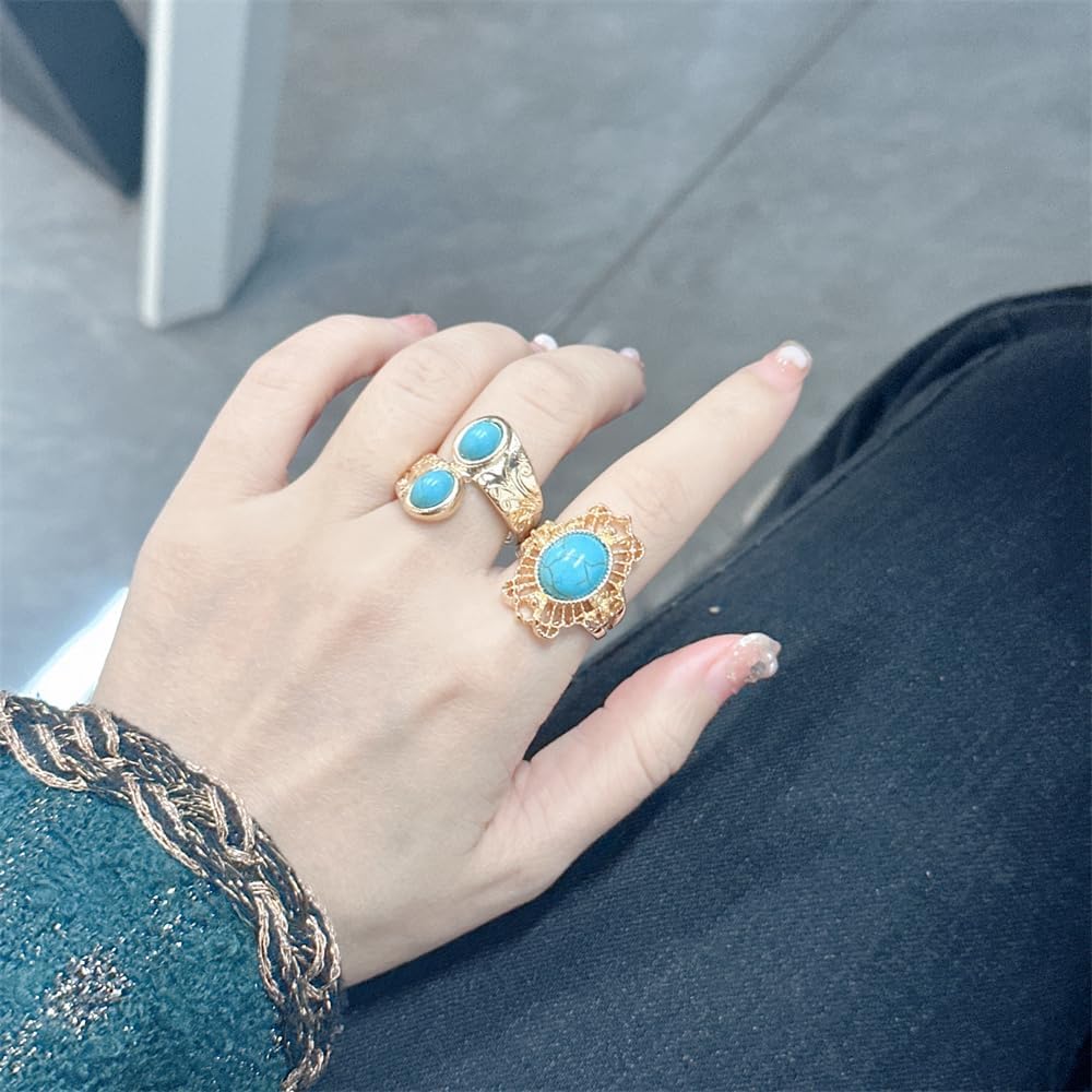 5 Pieces Turquoise Stackable Finger Rings Set for Women Men Boho Chunky Stone Western Heart Flower Oval Gemstone Knuckle Midi Ring Vintage Statement Bohemian Party Daily Friendship Jewelry Size 8 - Image 3