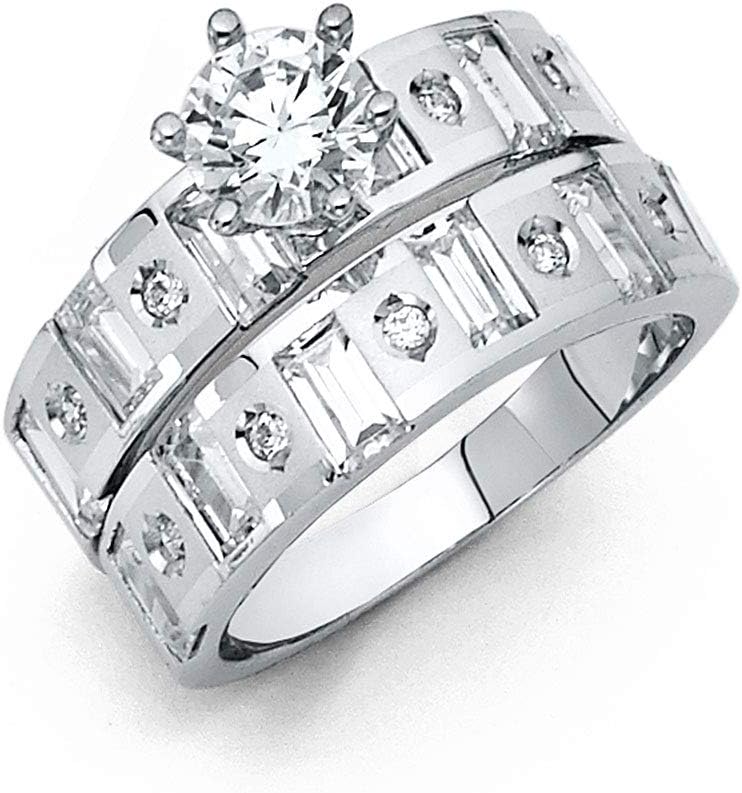 Wellingsale Solid 14k White Gold Polished CZ Cubic Zirconia Round Cut Engagement Ring and Wedding Band Bridal Set - Size 6.5