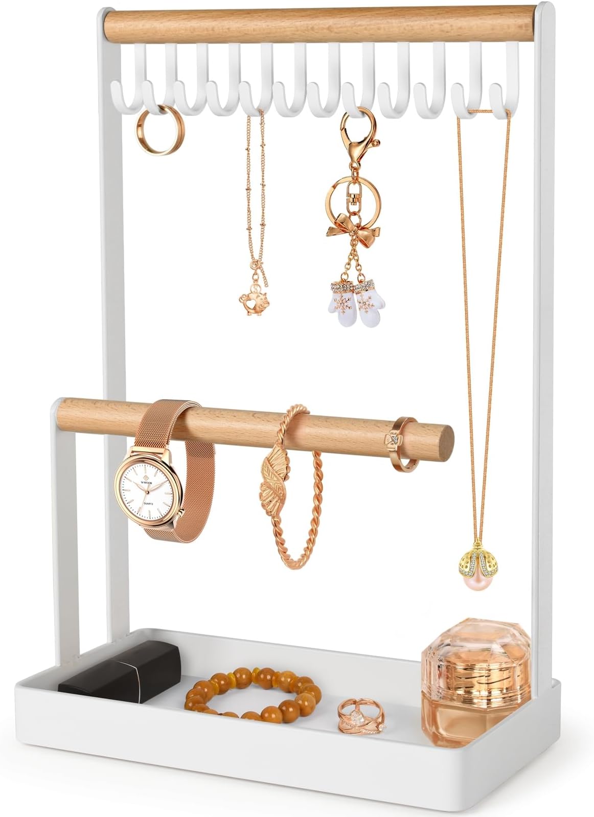 AJINGSHANGAJINGSHANG Jewellery Stand Organiser, 3-Tier Jewelry Necklace Holder Ring Earring Tray, 12 Hooks Jewelry Tower Display Bracelet Watches Hanging Rack Gifts for Women Girls