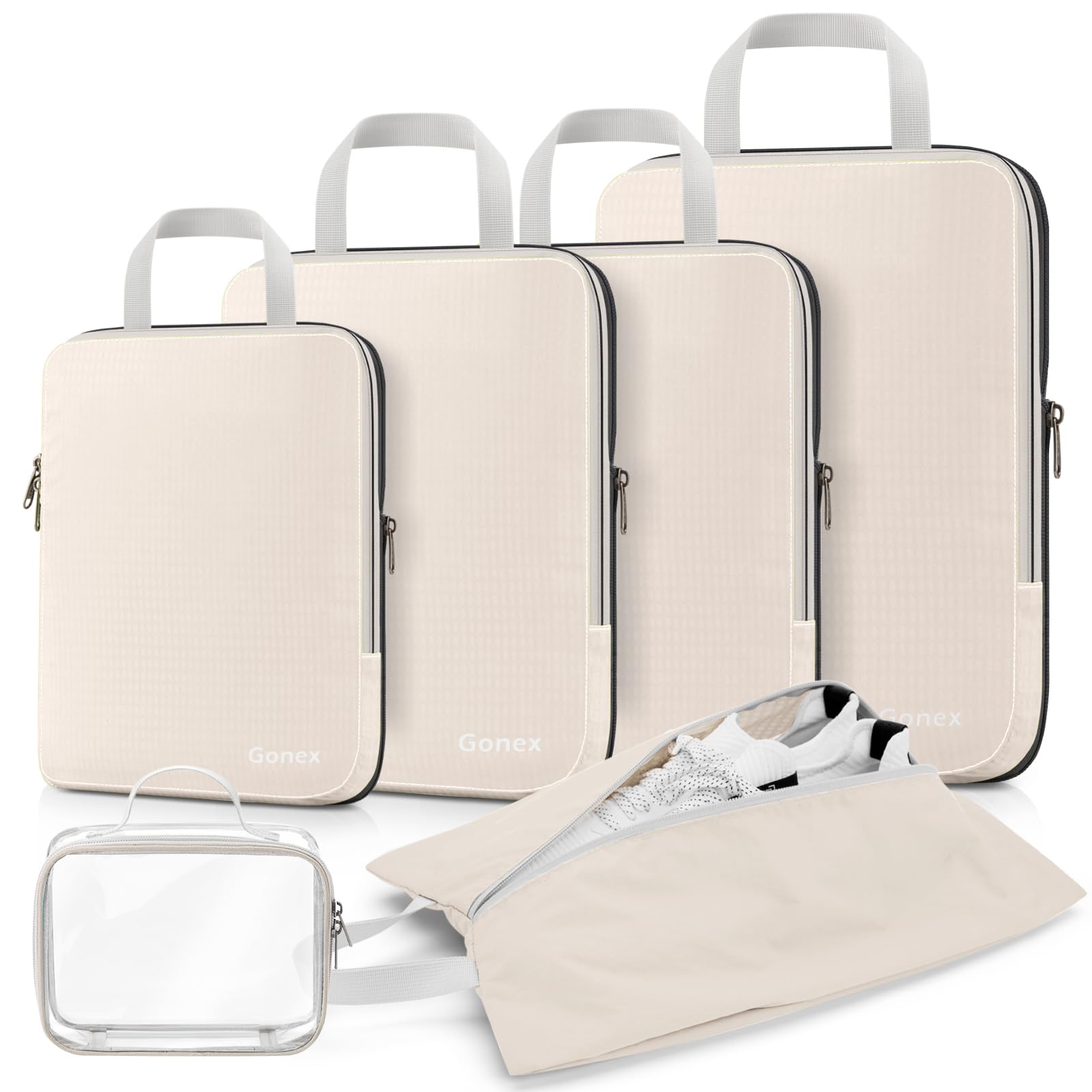 Gonex Compression Packing Cubes, Expandable Storage Travel Luggage Bags Organizers with Shoe Bag, Clear Toiletry Bag (Cream)