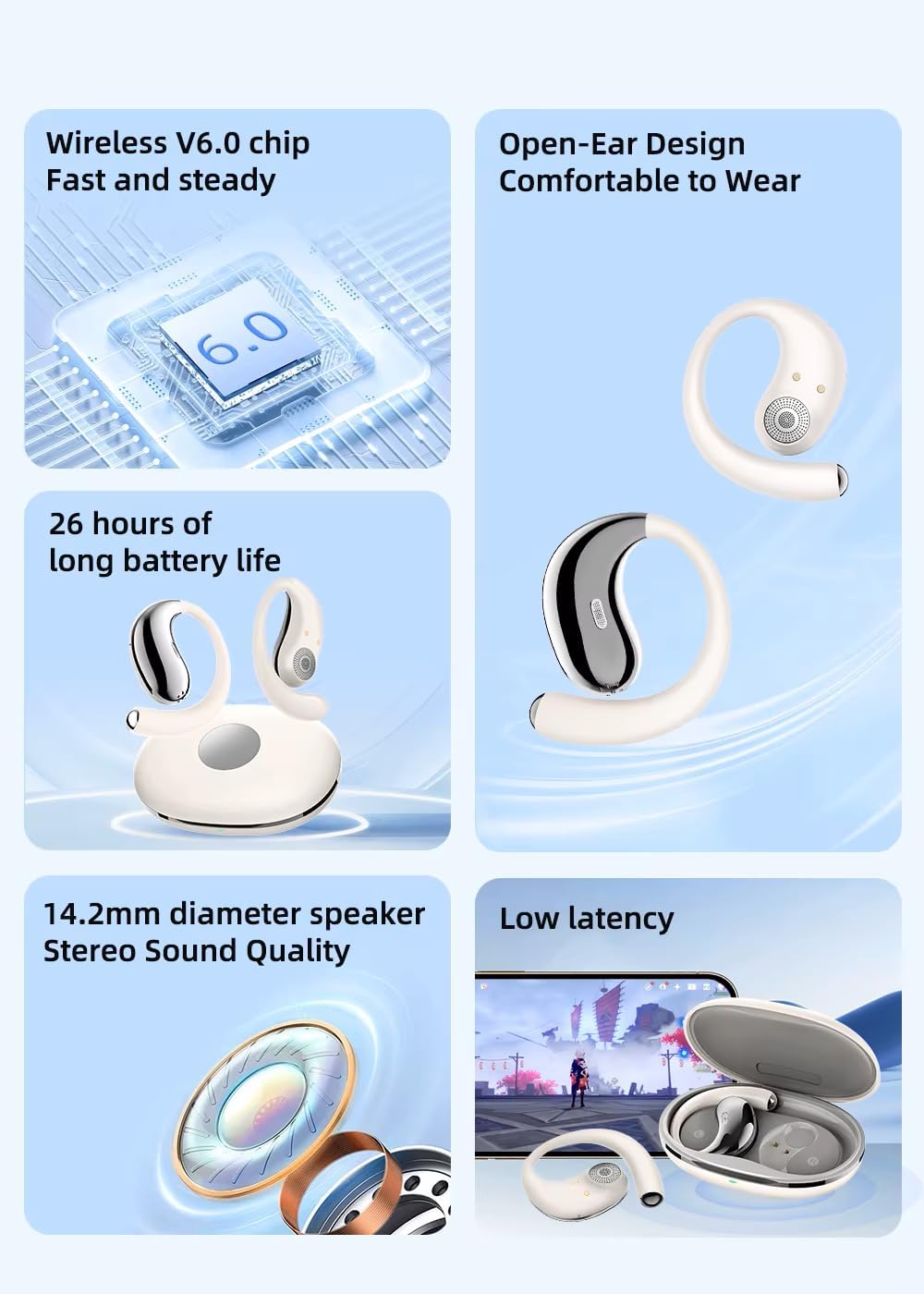 Wireless Open Ear Bluetooth Headphones, Black, Outside Ear Hanging Design with Charging Base, Over-Ear Style Earbuds Air Conduction Sound Open Wearing Ear-Hook TWS Earbuds (White/Silver)