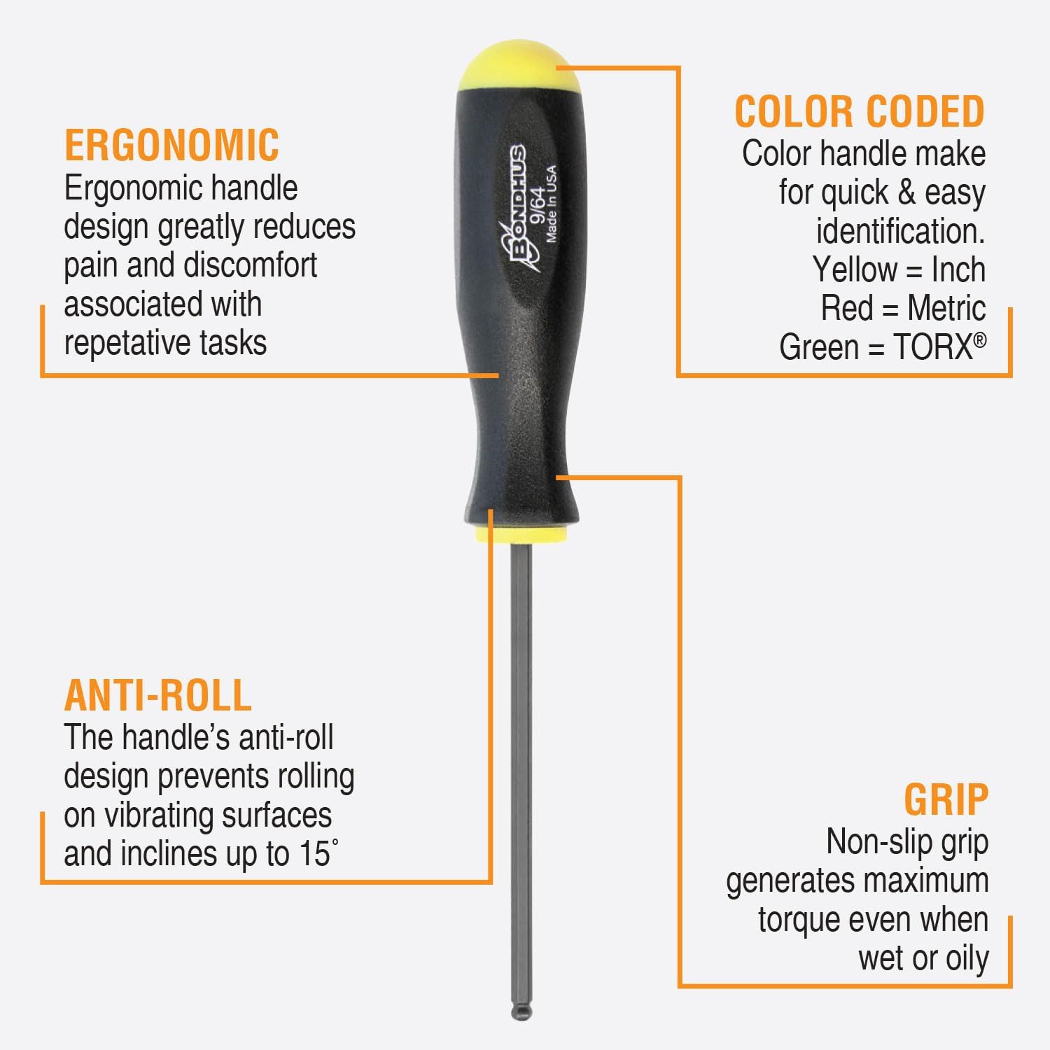 Bondhus 10632 Set of 8 Balldriver Screwdrivers, ProGuard Finish, sizes .050-5/32-Inch