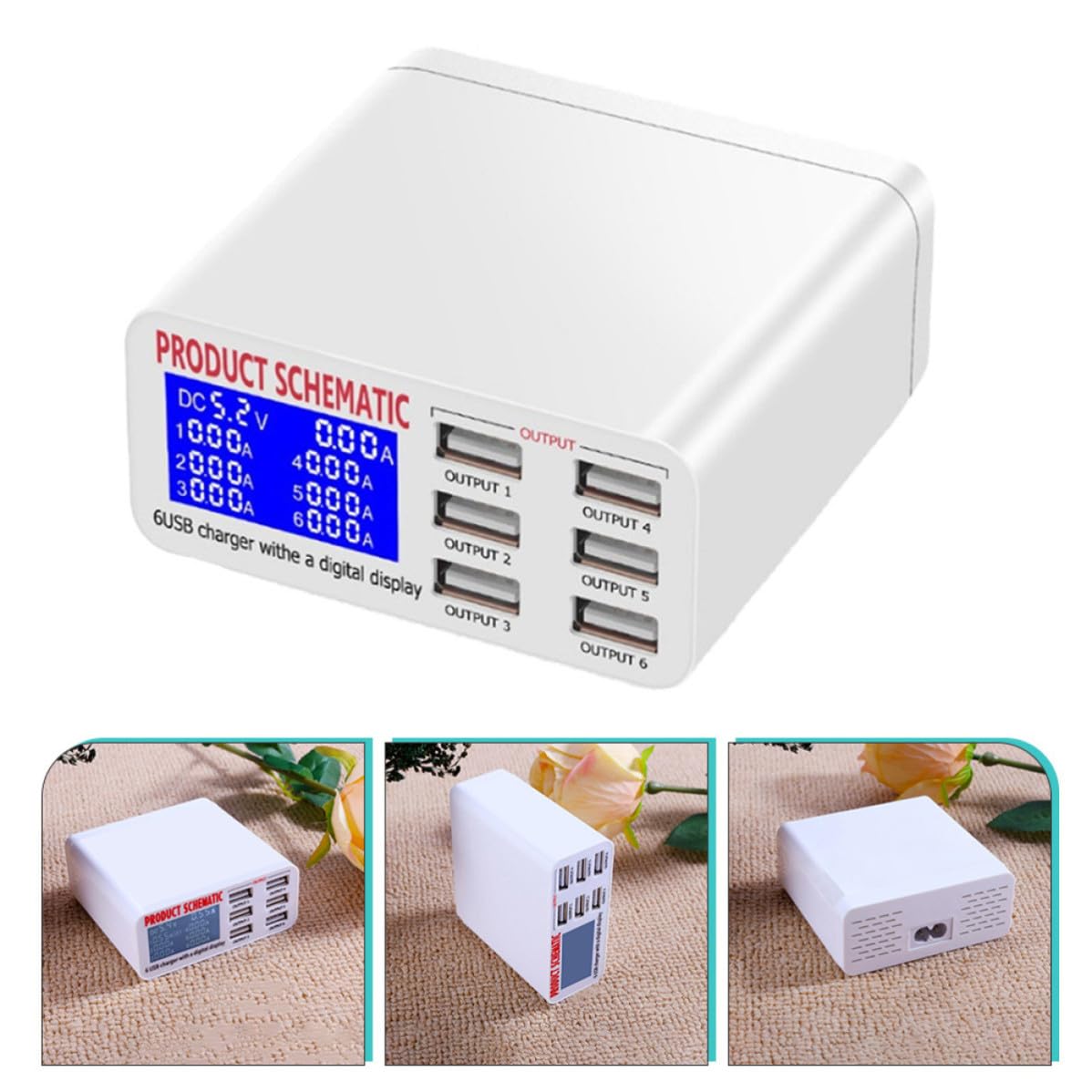 Stazione di Ricarica USB Multipla 40w Display Lcd 6 Porte | Protezione da Sovratensione e Dispersione, Abs e Pc, Bianco, Mostra Tensione
