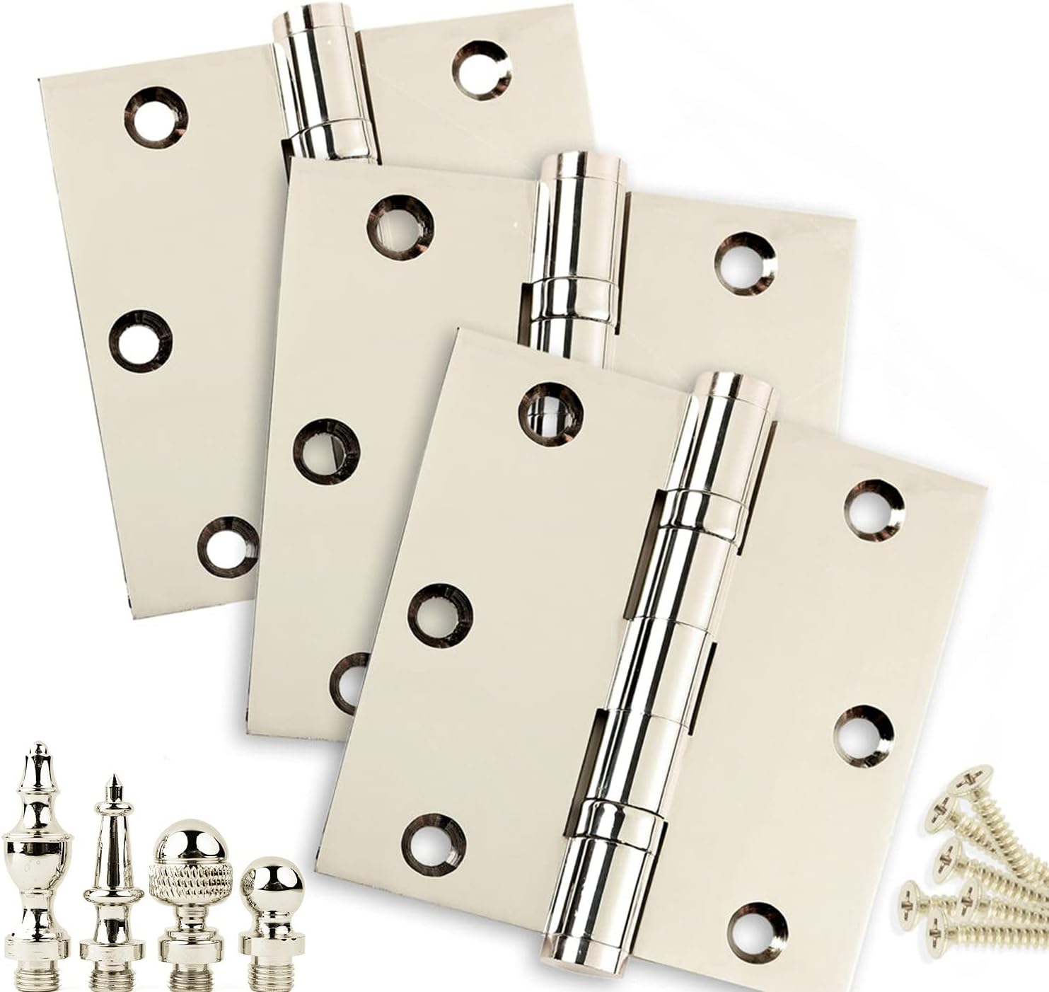 Door Hinges 3.5 x 3.5 Solid Brass Ball Bearing Polished Nickel with Urn Tips Set of 3