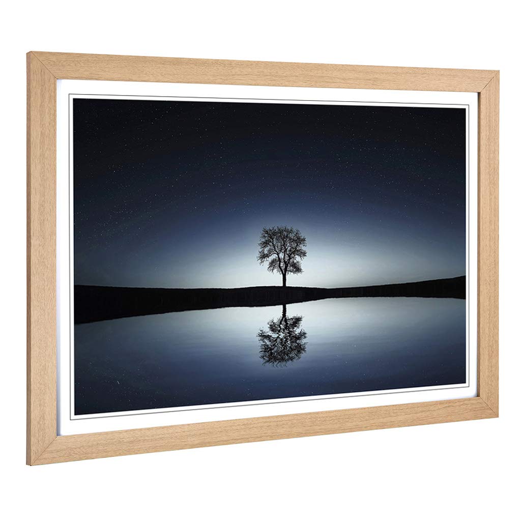 Big Box Art Framed Print of Landscape Lake Dusk Lone Tree (2) Design | Wall Art Picture | Home Decor for Kitchen, Living Room, Bedroom, Hallway, Oak, A2 / 24.5x18 Inch / 62x45cm