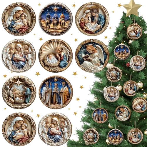 Image of Vercraft 24 Pcs Nativity Scene Ornaments for Christmas Tree Wooden Religious Xmas 3D Decorations Christian Scene Hanging Ornaments Gifts for Christian Christmas Garden Yard Outdoor Home Decor