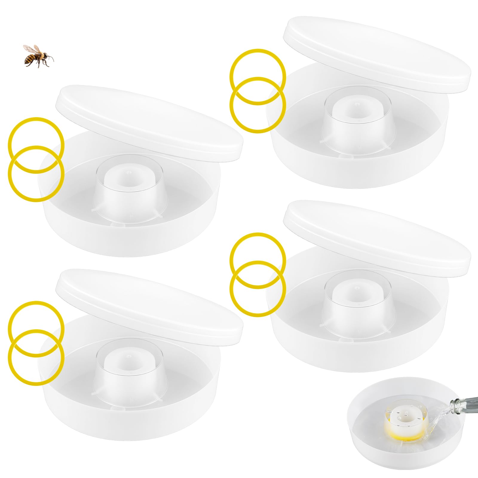 Photo 1 of Acellegic 4 Pack Round Rapid Bee Feeder with 8 Anti-Drowning Sponge Rings for Hives, Compatible with 8-Frame and 10-Frame Beehives, Honeybee Feeder Water or Sugar Syrup Feeding Equipment for Outside