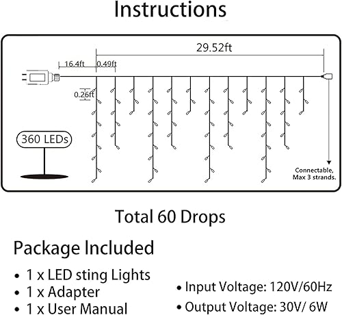 Miniatura 7 de Toodour Luces de carámbano para exteriores, 29.5 pies, 360 luces LED de Navidad, cable verde oscuro, cortina de ventana impermeable, luces
