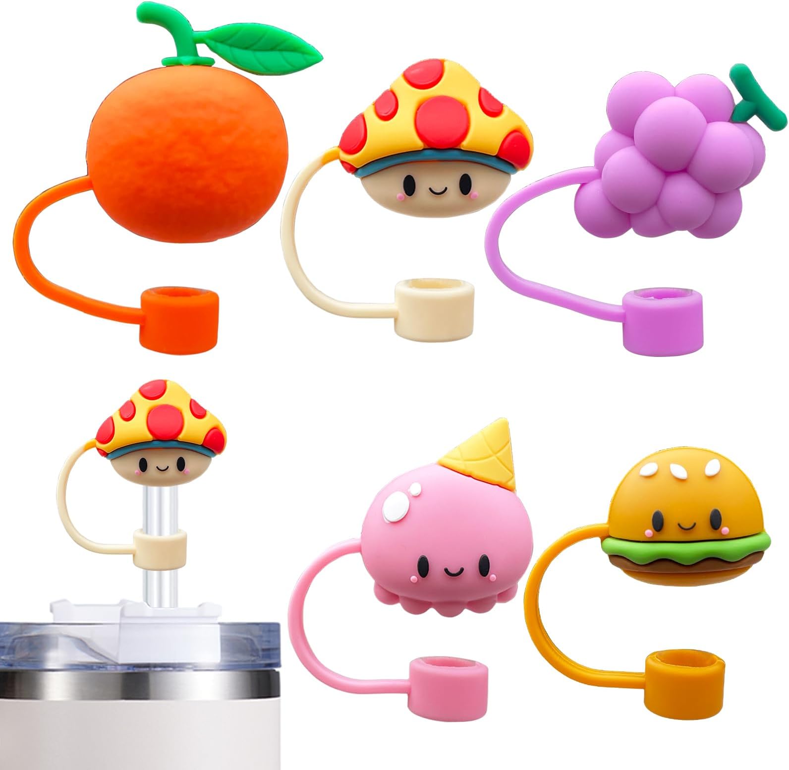 5PCS Straw Cover Cap for Stanley Cup, Silicone Cute Fruits & Food Straw Topper for Stanley 30&40 Oz Tumbler with Handle, 10mm 0.4in Dust-Proof Reusable Straw Tips Lids. (Color 7)