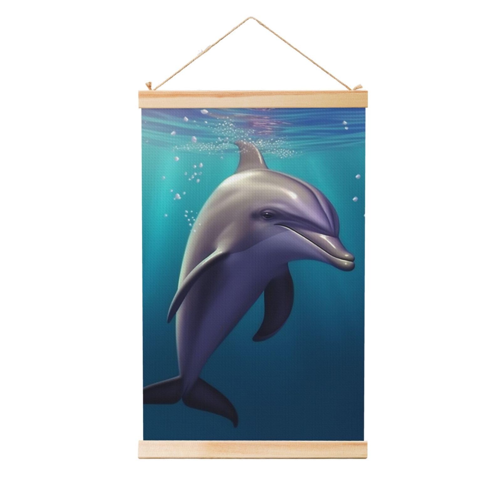 Cute sea animal dolphin Poster Wooden Shaft Hanging Poster Wall Hanging Banner Canvas Artwork with Wood Frames 12"x18" Modern Artwork Decor Ready to Hang Wall Art for Home Decor Scroll Painting