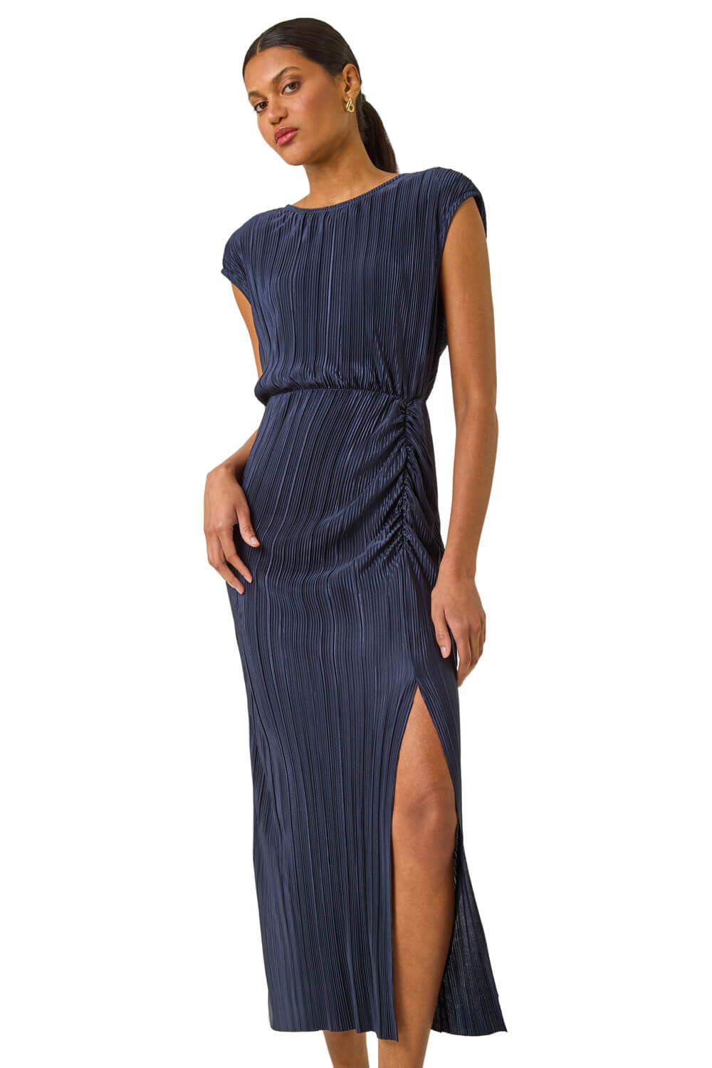 Roman Originals Women's Navy Plisse Cowl Back Midi Dress For Uk - Everyday Holiday Spring Summer Round Neckline Comfy Soft Evening Vacation Work Party - Size 20
