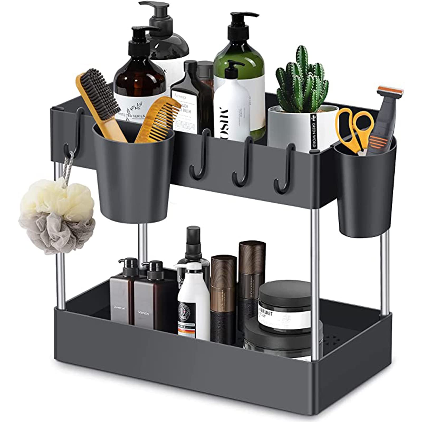 Organizador de Almacenamiento para Debajo del Fregadero, Organizador de Armario de Cocina y Cesta de Almacenamiento con Ganchos, 2 Niveles para Organizador de baño y Cocina