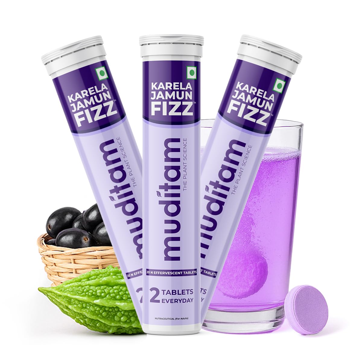 Muditam Ayurveda Karela Jamun Fizz-60 Effervescent Tablets(Karela Jamun Juice)|Helps in High Sugar Condition|Promotes Healthy Glucose Levels | Boosts Digestive Health| Ideal For 1Month-image-0