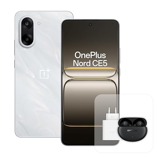 OnePlus Smartphone Nord CE5 8 GB di RAM 128 GB di spazio di archiviazione, 6,77 pollici, AMOLED a 120 Hz, 50 MP OIS, batteria da 5200 mAh, con caricabatterie da 80 W e Nord Buds 3 Pro, bianco