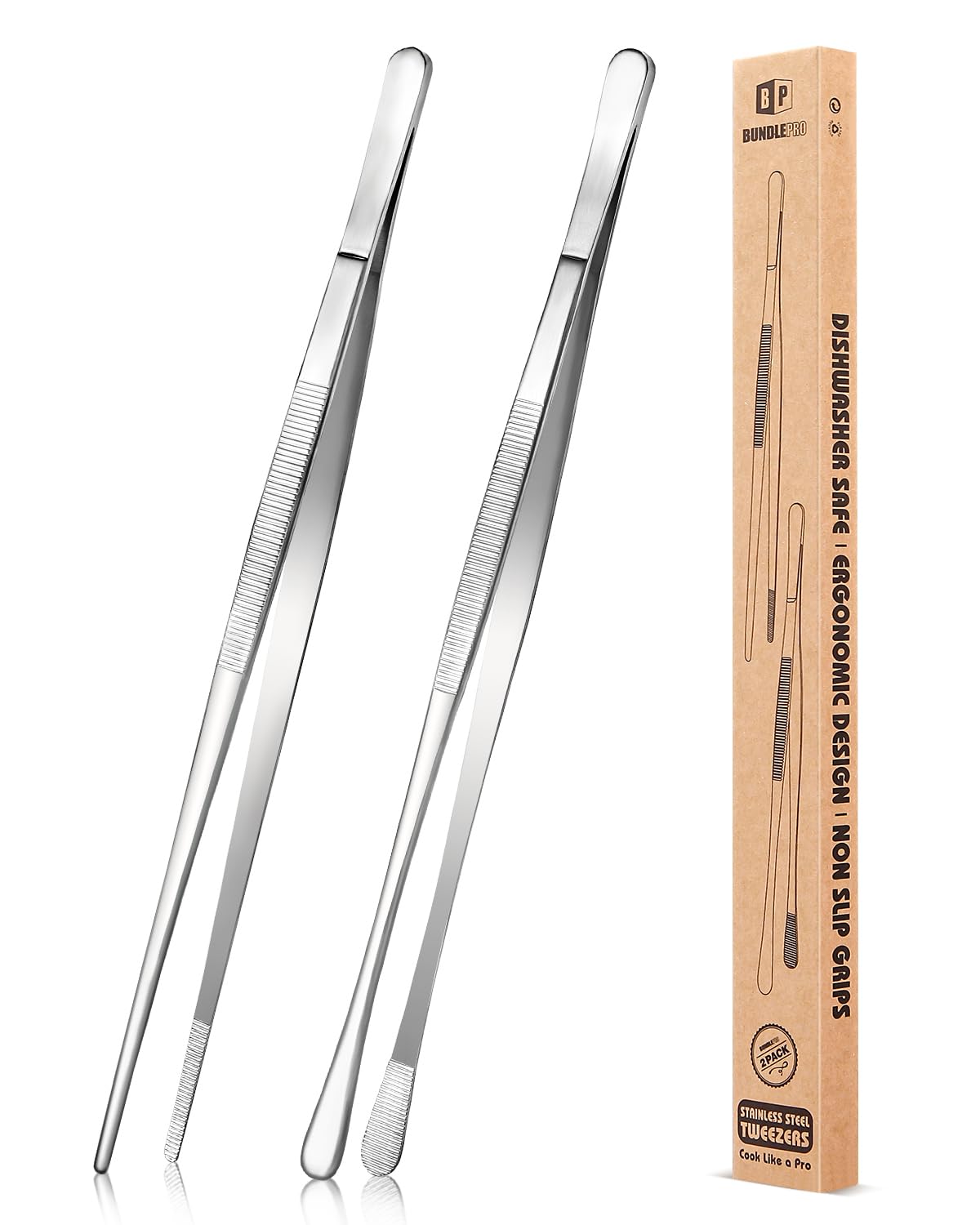 2 Pcs 12-Inch Kitchen Tweezers Fine Tweezer Tongs, Stainless Steel Professional Long Cooking Tweezers for BBQ, Sea Food, Repairing and Serving (SILVER