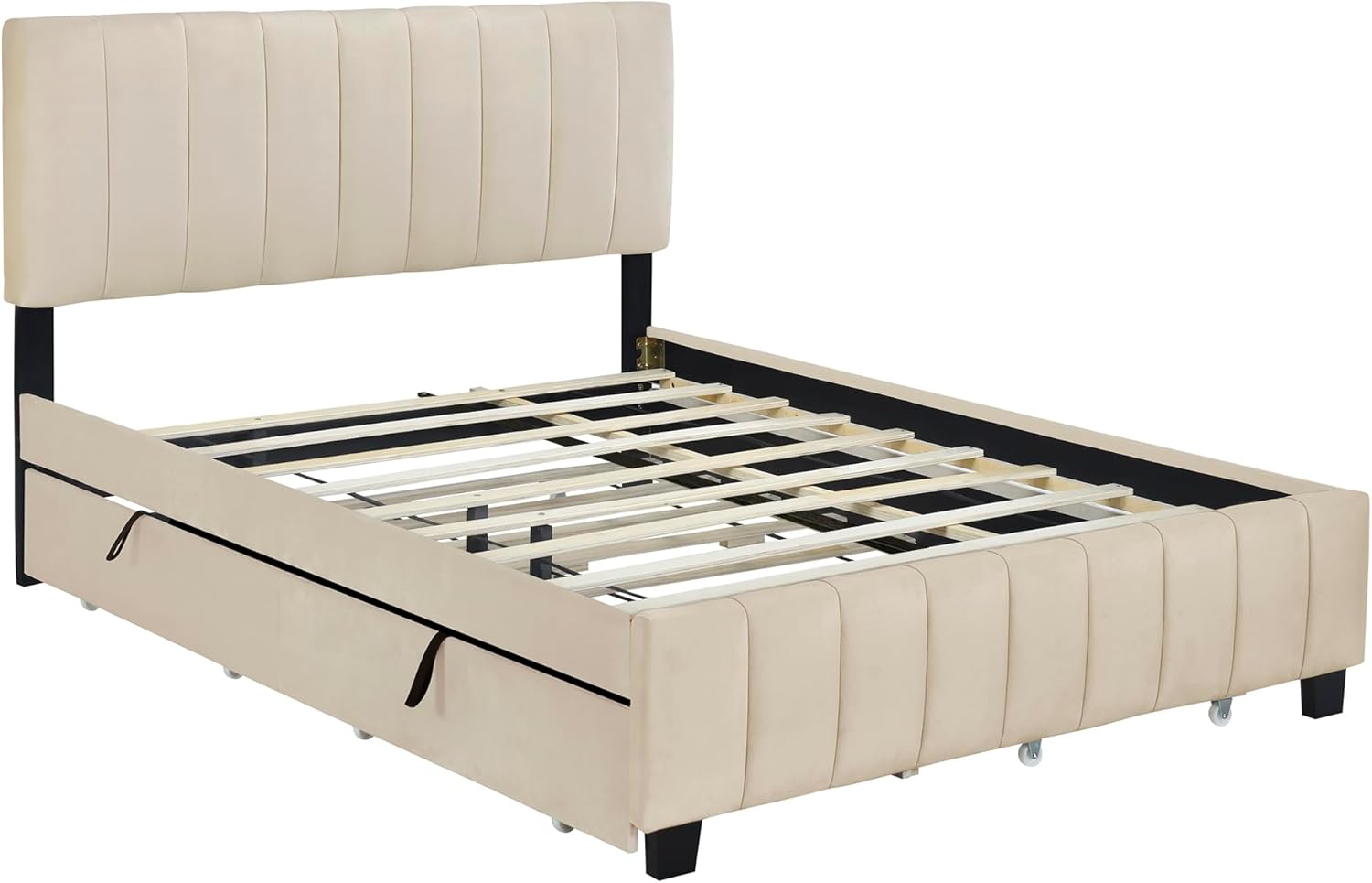 Bellemave Queen Bed Frame with Trundle Bed,Velvet Upholstered Platform Bed Frame with Storage Drawers,Queen Size Trundle Bed with Headboard for Kids Teens Adults,Beige