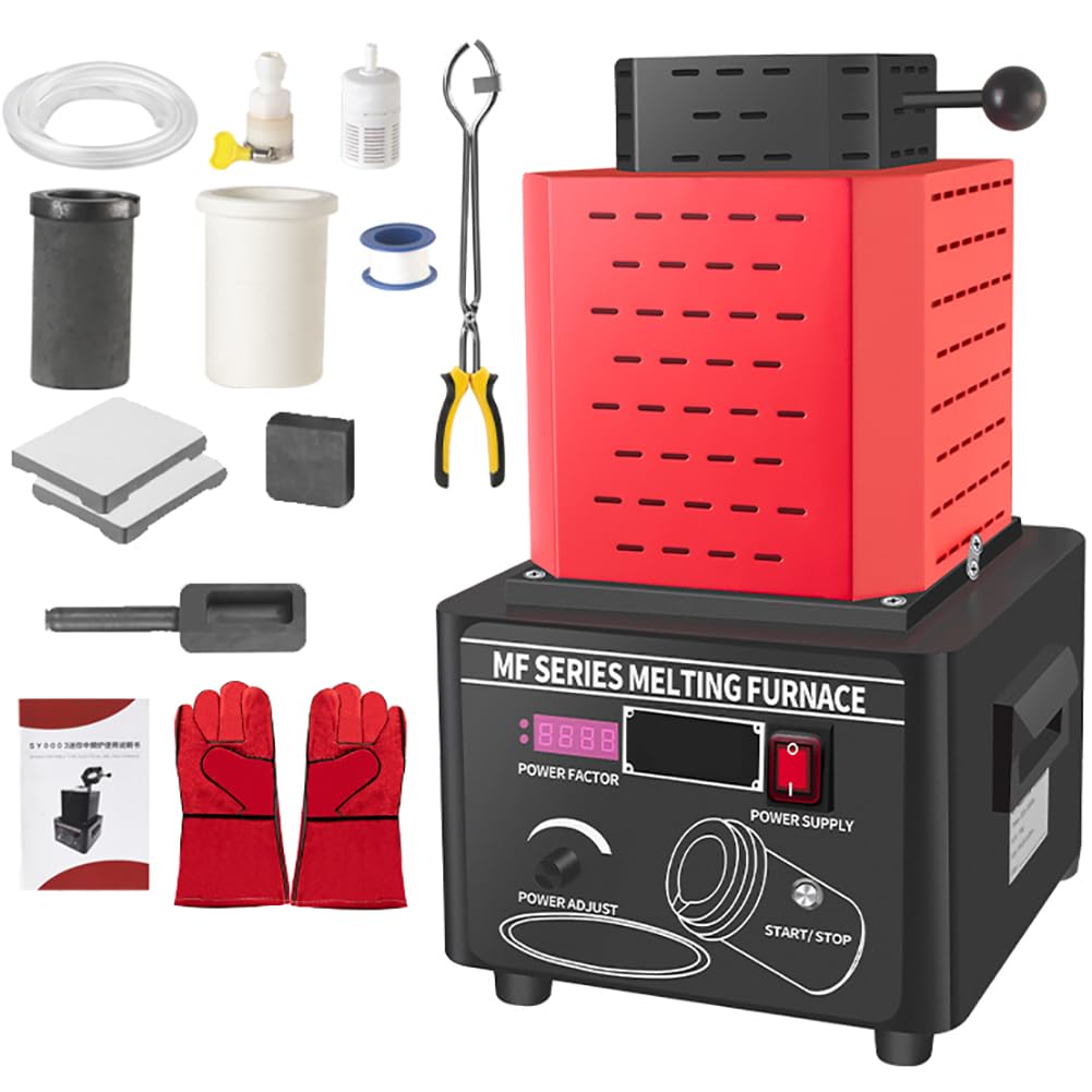 HYQNG Electric Gold Melting Furnace 5000W Medium Frequency Induction Metal Smelting Machine, 1600℃/2902°F Gold Smelting Furnace with 1/2/3KG Graphite Crucible,Smelter Furnace Casting Furnace 3kg red
