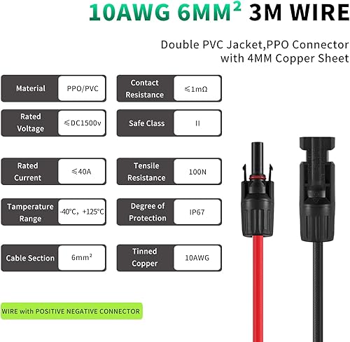 Miniatura 2 de Cable de extensión solar de 10 pies, 10 AWG de conexión profesional hembra y macho, alambre de cobre estañado para el hogar, barco, RV, panel solar
