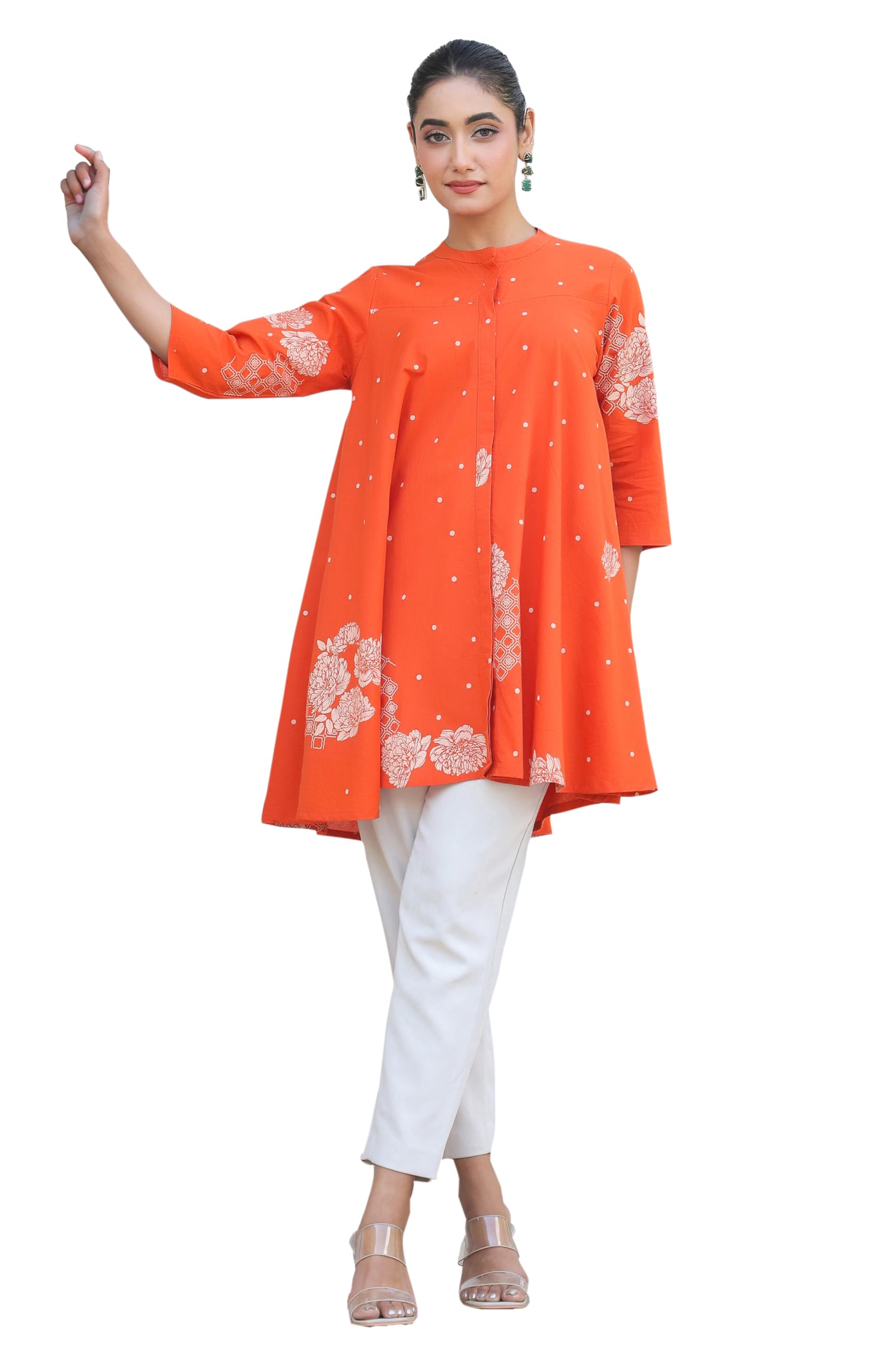 janasya Women's Orange Pure Cotton Floral Printed Flared Tunic-picture-26