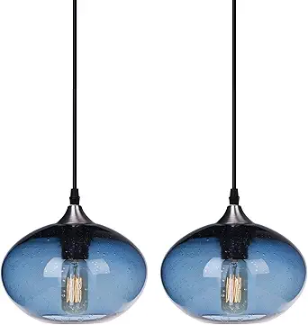 ARIAMOTION Pendant Lighting for Kitchen Island Blown Glass Blue Modern Seeded Bubbles Mini Light Fixtures Dining Table Bathroom Bedroom Sink Brushed Nickel 8.5 inch Diam 2 Pack