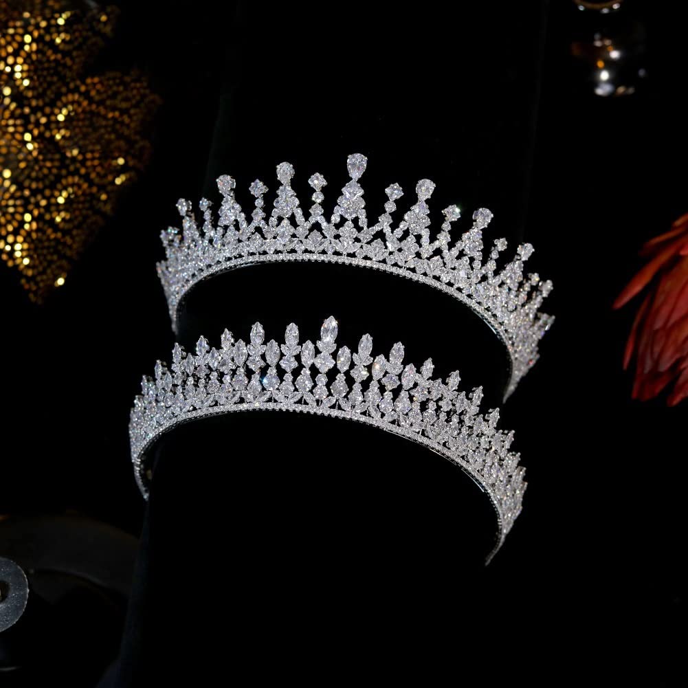 ZYFSHA Biżuteria do włosów Diadem z koroną dla kobiet Tiara Kolor srebrny Kryształ Cyrkonia Wydłużona korona Stroik ślubny Królewskie ślubne akcesoria do włosów Biżuteria damska, długość srebrna 38,5