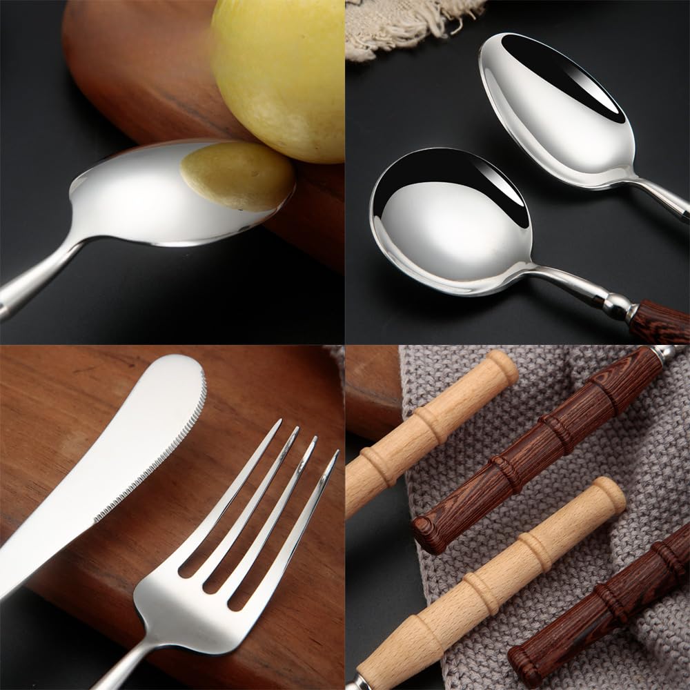 Vajilla de Cocina de Madera de Acero Inoxidable con Cubiertos, Incluye Cuchara, Cuchillo y Tenedor, Pulido Espejo (Color Claro, 16 Piezas)