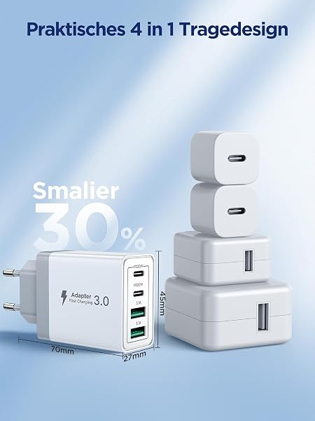 Aioneus USB C Ladegerät, 4 Ports Mehrfach Ladegerät mit USB-C und USB-A, 40W Schnellladegerät PD 3.0 Power Adapter USB Netzteil für iPhone 16 15 14 Pro Max 13 12 11 SE 2020 XS XR 8 7, Samsung, Handys - 5