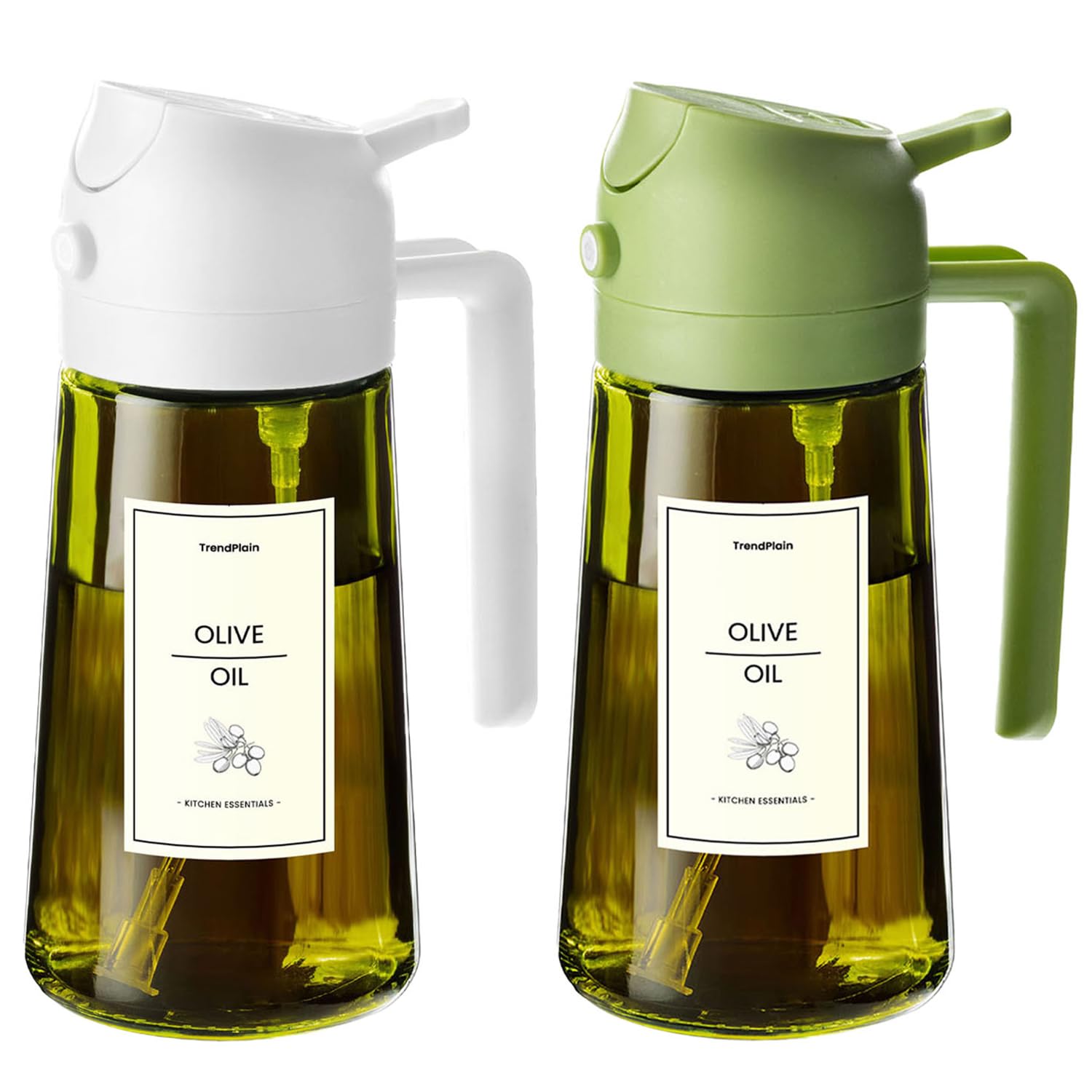 TrendPlain 470ml Olive Oil Spray Bottle - 2 in 1 Olive Oil Dispenser Bottle for Kitchen Accessories - Kitchen Gadgets, For Air Fryer - with Stickers, Light Blocking - White & Green