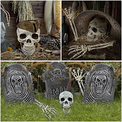 Chnaivy 3Pcs Halloween Skeleton Decorations Fake Skeletons Spooky Decor for Indoor Outdoor Skull Skeleton Head & Arms Lawn Stakes Halloween Props Groundbreake Cemetery Coffin Creepy Party Supplies