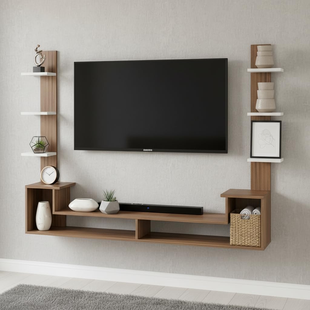 FURNEASER Dravin Modern Wall-Mounted TV Entertainment Unit for Living Room – Floating TV Stand with Storage Shelves & Display Racks – Wooden Media Console for 43 Inch (Exotic Teak & White)
