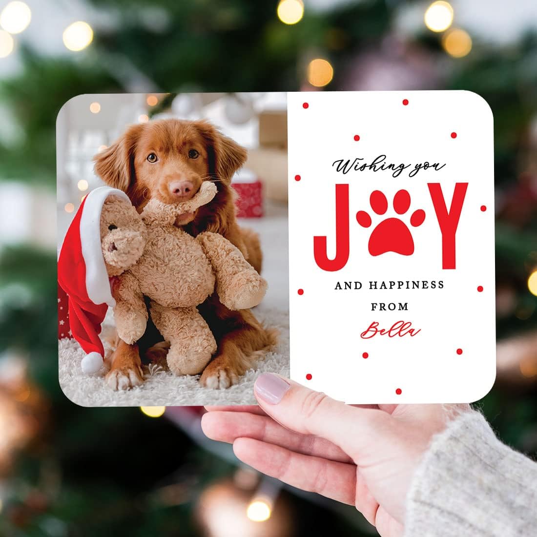 Andaz Press Personalized Pet Holiday Cards with Envelopes, Joy & Happiness 5"x7" Christmas Cards with Custom Photo Pet Portrait, Cat, Dog Christmas Cards Christmas Photo Frame Greeting Cards, 24-Pack