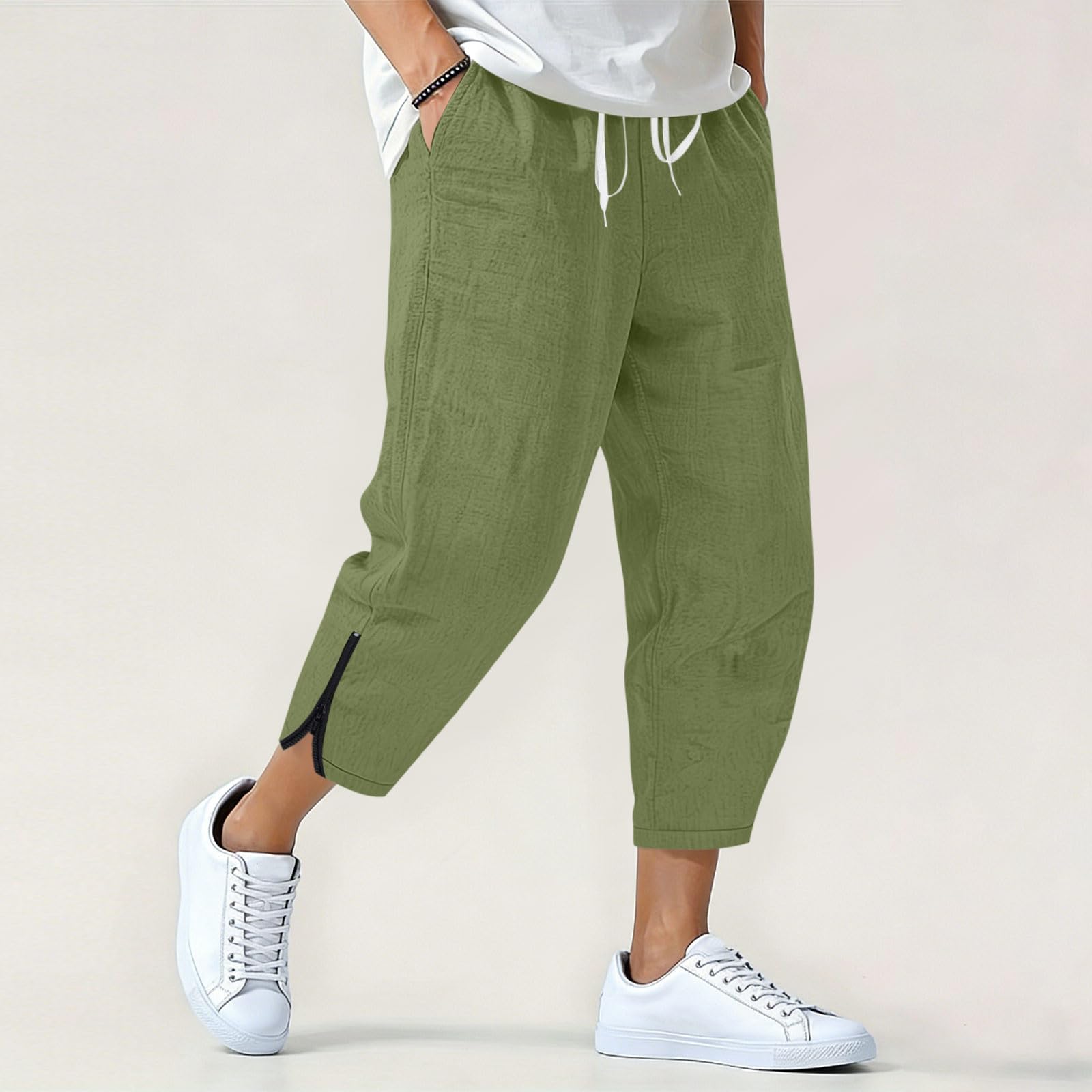 Pantalon Lin Homme Été Respirant et Confortable Pantacourt Baggy Hommes en Lin Ample Large 7/8 Pantalons de Plage Sport Jogging Grande Taille Coupe Droite Décontractée Trousers avec Cordon de Serrage