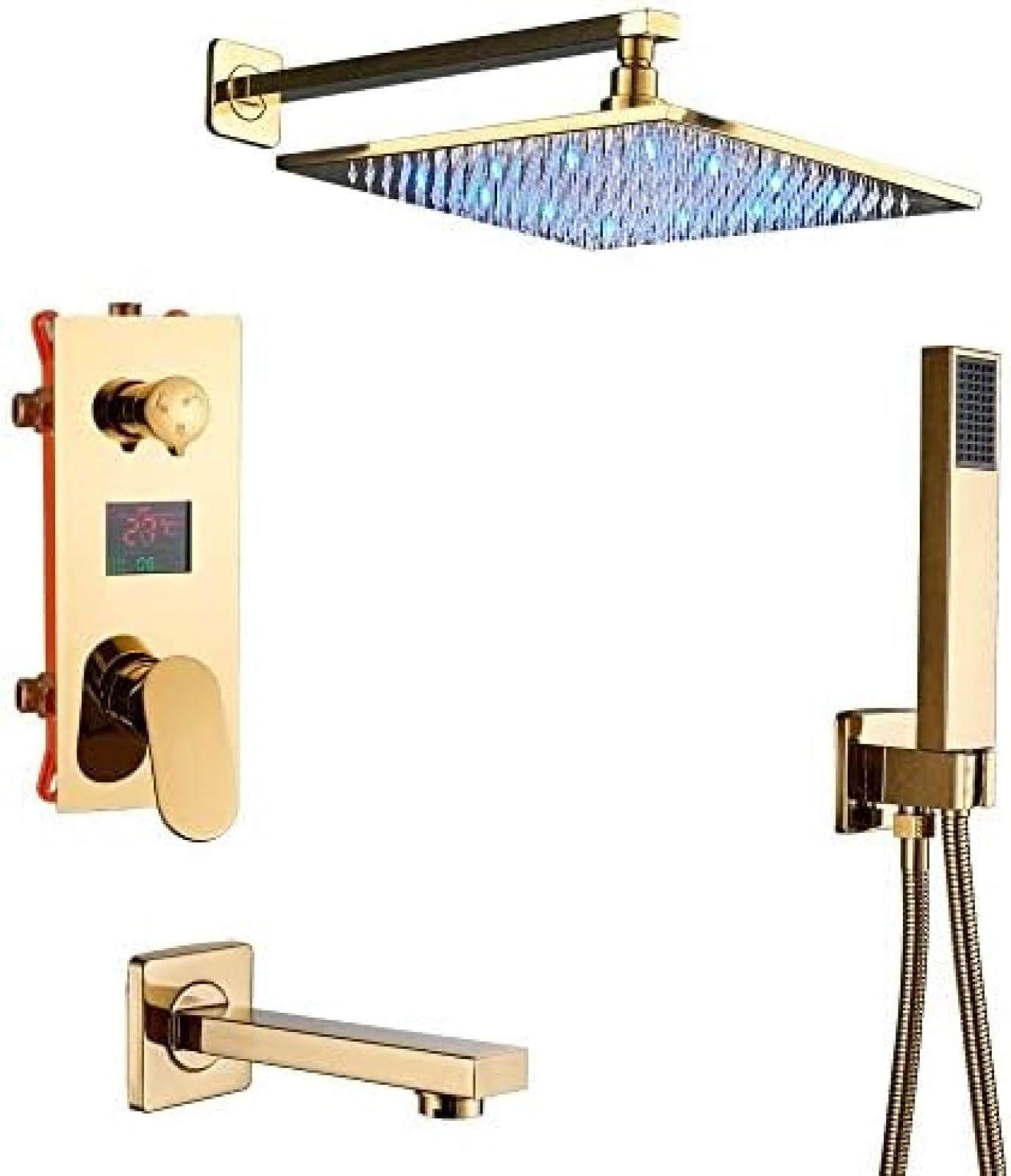 Juego de grifos de ducha digitales dorados, cabezal de ducha LED dorado, pantalla digital de temperatura de 3 vías, grifo mezclador de tina, boquilla de ducha de 16 pulgadas, 12 pulgadas