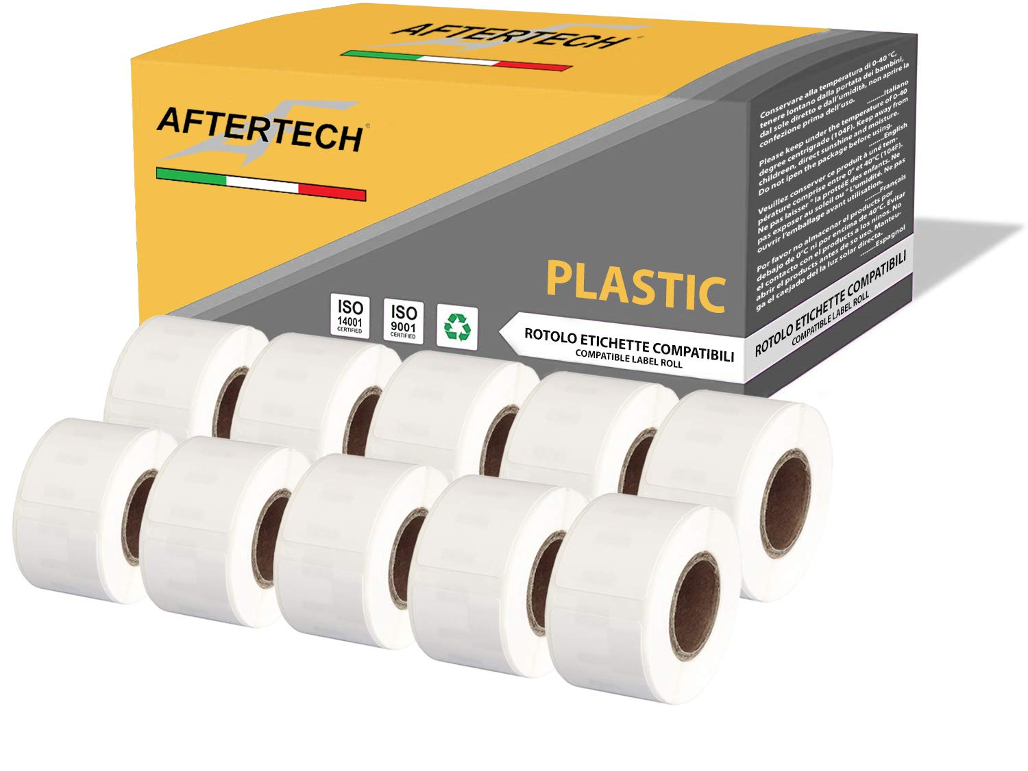 Aftertech 10 x 99010P 28 x 89 mm Compatible Adhesive Waterproof Plastic Labels Rolls (130 Labels/Roll = 1300 Total) for Dymo LabelWriter Printer Labeling Machines 10x99010PLA