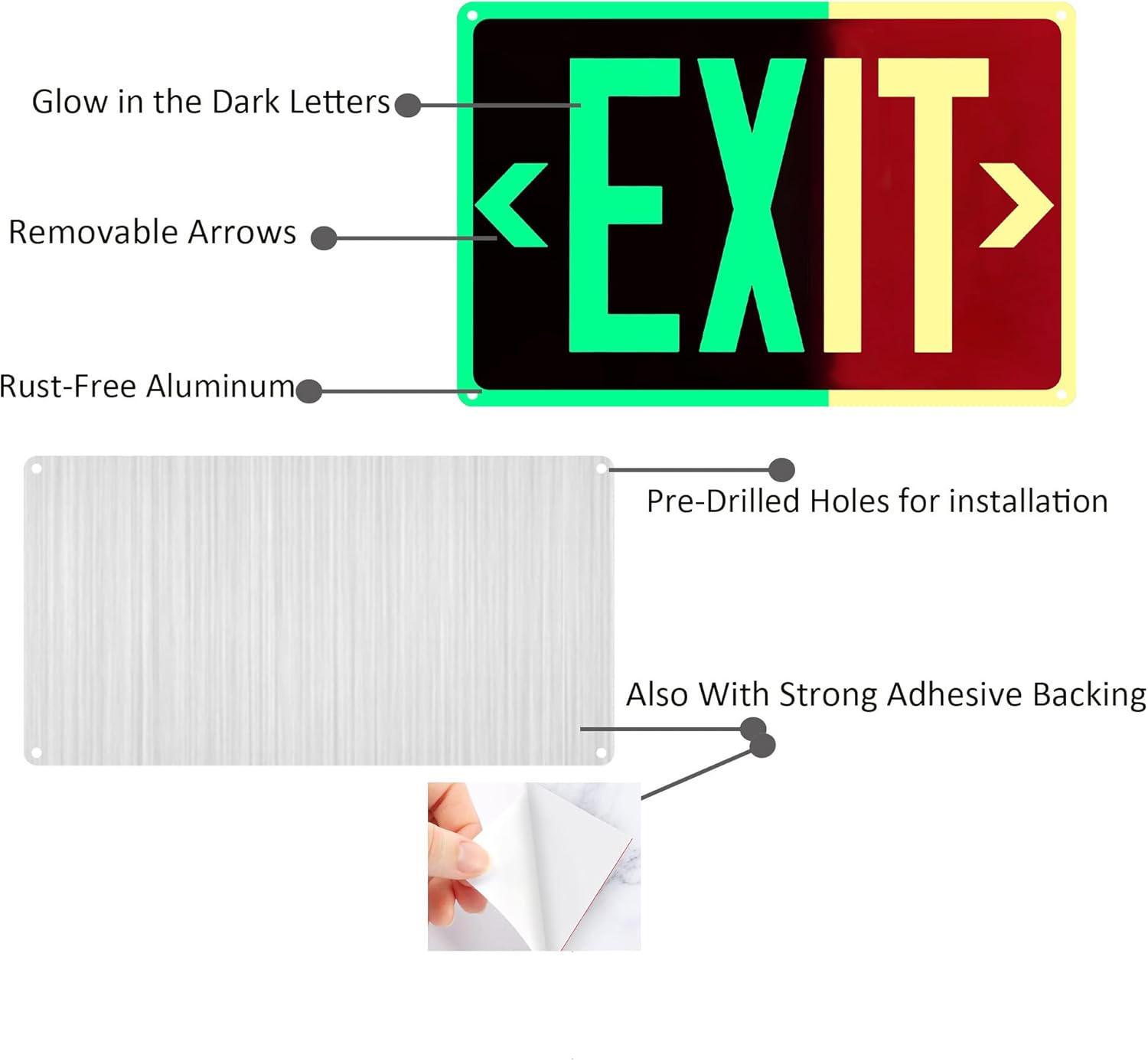 3Pack Photoluminescent Exit Sign Aluminum, 14x10 Inches Glow-in-Dark Exit Sign, with Adhesive Backing - Removable Arrows Included - Non Electrical Red Exit Light