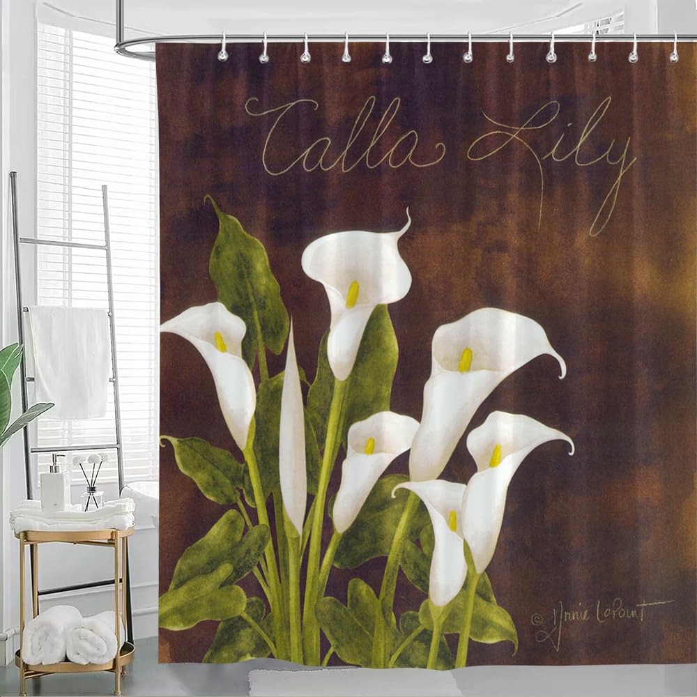 GLWDMB 1 Piece 180x200CM White Calla Lilies Printed Shower Curtain With Hook, Polyester, for Windows And Walls, Bathtub, Bathroom, Machine Washable, All Season Universal