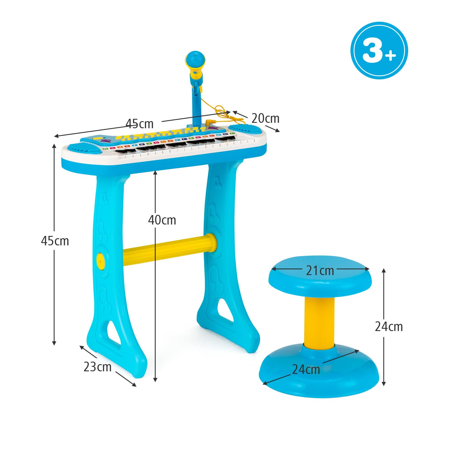 KOMFOTTEU Pianola Bambini Musicale Tastiera, Tastiera Digitale a 31 Tasti, Mini Tastiera per Bambini con Effetti Luminosi e Microfono, Strumenti Musicali con Sgabello, 22 Battiti/8 Toni/7 Ritmi (Blu)