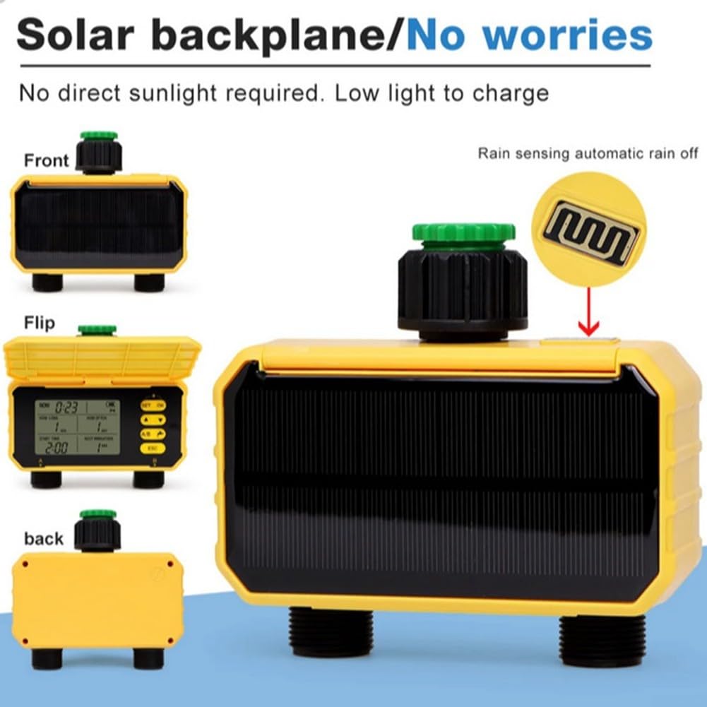 Timer di irrigazione solare con sensore, sistema di irrigazione automatico da giardino, 4 programmi di controllo a energia solare con blocco schermo, giallo (2 uscite)