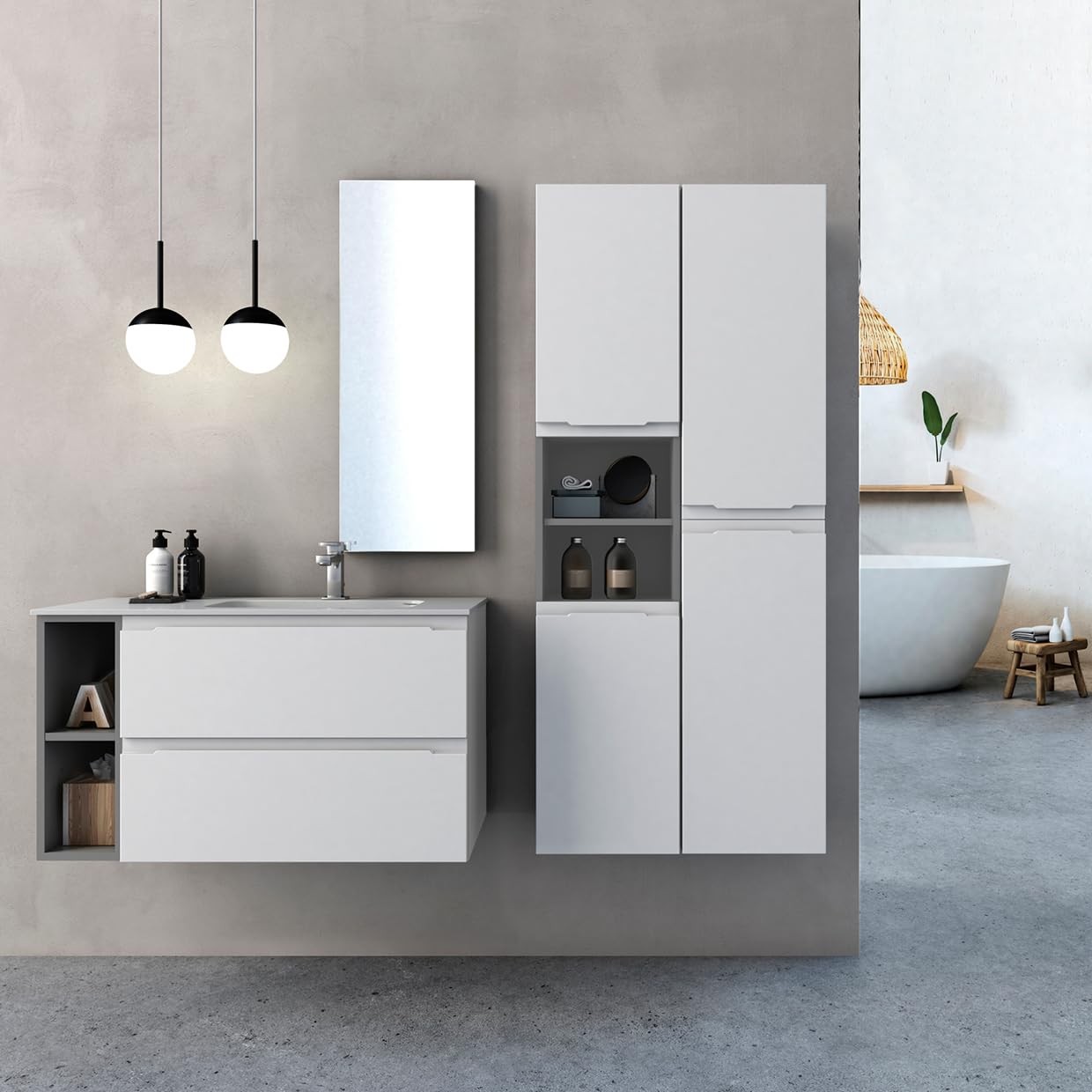 Diventa Modello Diva Star, Mobile Bagno sospeso 100cm con 2 cassetti spaziosi, 2 vani a giorno e lavabo dal design moderno, colore bianco e grigio