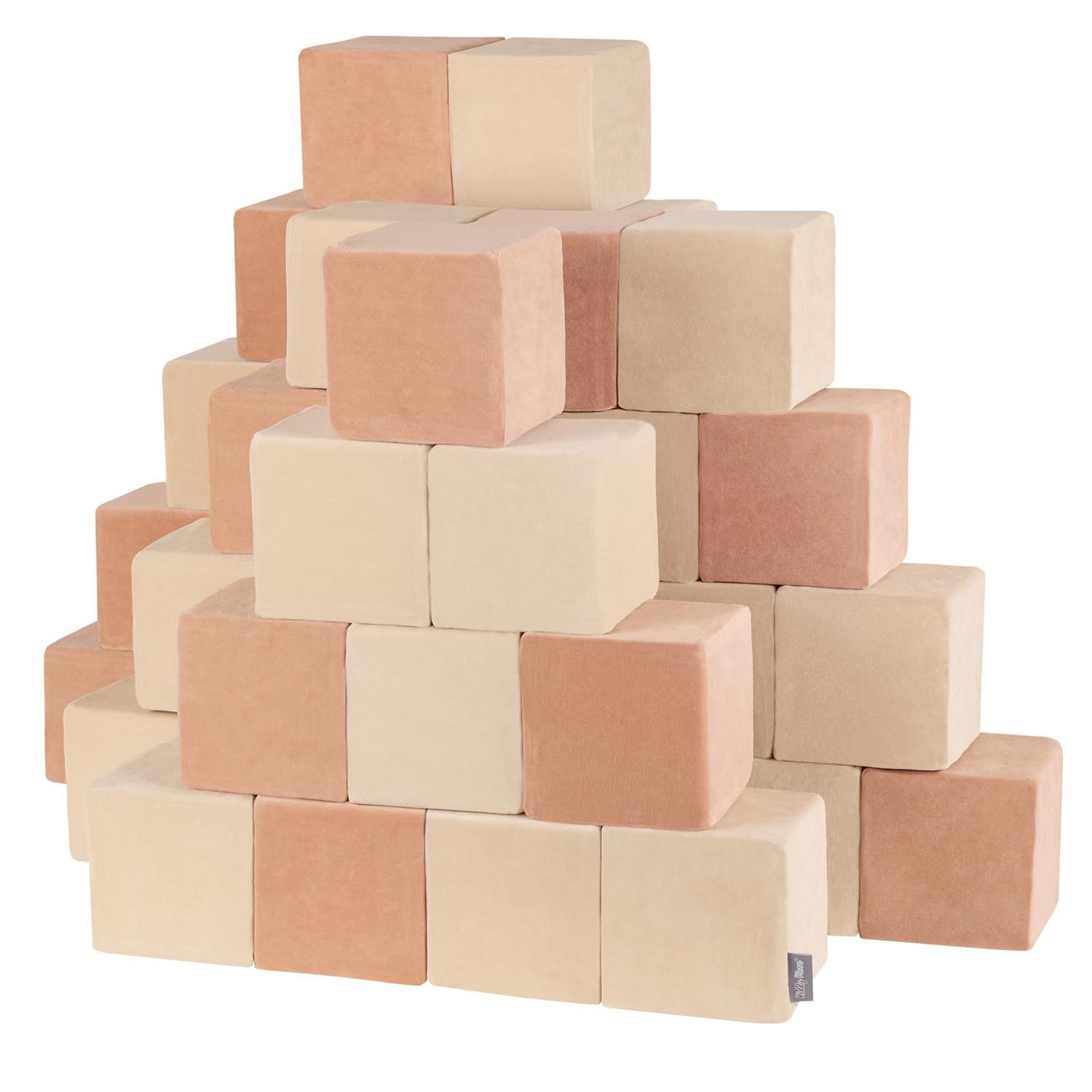 KiddyMoon Soft Foam Building Blocks For Babies & Toddlers, Washable Velvet Zip Cover, 14Cm Cubes, Sensory Toy, 48 Pieces, Cubes: Sand Beige-Desert Pink