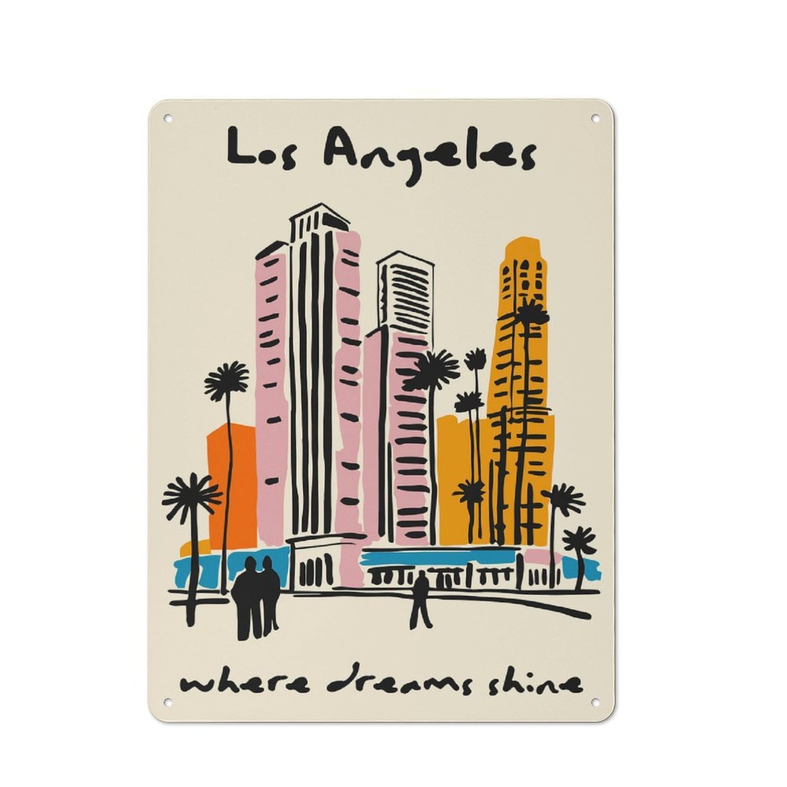 Junmoney Style-3 Metal Sign 40X30cm With Los Angeles Skyline Illustration For Pub Or Café, Vintage Decor, For Metal Sign Collectors, For Garage And Workshop Walls